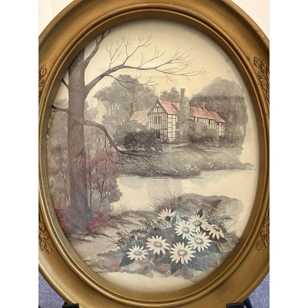 Two Vintage HomCo Gold Tone Oval Framed Prints by Artist F. Massa